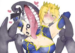 Rule 34 | 1boy, 1girl, armpits, arms up, artoria pendragon (fate), artoria pendragon (lancer) (fate), blonde hair, blue gloves, breasts, breath, cleavage cutout, clothing cutout, crown, elbow gloves, eyes visible through hair, fate/grand order, fate (series), gloves, green eyes, heart, highres, japanese text, kaito yozora, lahmu (fate), large breasts, licking, monster, one eye closed, open mouth, parted lips, restrained, saliva, short hair, simple background, sweat, teeth, tongue, tongue out, translation request, upper body, white background