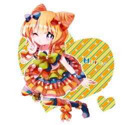 Rule 34 | 1girl, arm ribbon, blonde hair, blue bow, blue footwear, boots, bow, character name, closed mouth, commentary request, cone hair bun, double bun, dress, dress ribbon, green ribbon, hair bow, hair bun, heart, layered dress, minami mirei, multicolored clothes, multicolored dress, multicolored legwear, multiple hair bows, one eye closed, orange ribbon, polka dot, pretty series, pripara, purple eyes, red bow, ribbon, short sleeves, solo, striped clothes, striped thighhighs, thighhighs, usagi nui, v, yellow ribbon