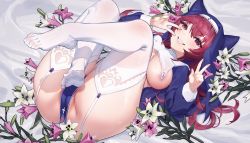 Rule 34 | 1girl, areola slip, ass, blush, breasts, cameltoe, crossed legs, double v, feet, flower, garter straps, habit, hair between eyes, heterochromia, highres, hololive, houshou marine, houshou marine (nun), large breasts, long hair, looking at viewer, lying, no panties, no shoes, nox13, nun, on back, pelvic curtain, pussy, pussy peek, red eyes, red hair, smile, soles, solo, spread toes, thick thighs, thighhighs, thighs, toes, v, virtual youtuber, yellow eyes