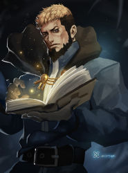 Rule 34 | 1boy, beard, belt, black hair, blonde hair, blue eyes, book, cape, facial hair, goenitz, highres, looking at viewer, male focus, manly, multicolored hair, open book, priest, solo, the king of fighters, the king of fighters &#039;96, the king of fighters &#039;97, xiaoguimist