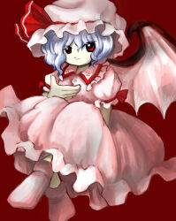 Rule 34 | 1girl, absurdres, bat wings, blue hair, closed mouth, collared dress, dress, frilled dress, frills, full body, hand up, hat, highres, imperishable night, light blue hair, looking at viewer, medium hair, mob cap, no shoes, official style, pink dress, pink hat, pink socks, puffy short sleeves, puffy sleeves, red background, red eyes, red ribbon, remilia scarlet, ribbon, short sleeves, simple background, socks, solo, touhou, wings, yakumora n, zun (style)