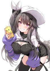 Rule 34 | 1girl, azur lane, between breasts, black skirt, blush, breasts, commentary, drawstring, grey hair, grin, hair ornament, hand on own thigh, hat, highres, holding, holding phone, hood, hood down, key, large breasts, leaning forward, long hair, long sleeves, manjuu (azur lane), mikuchi3939, miniskirt, official alternate costume, one side up, pamiat merkuria (azur lane), pamiat merkuria (chic and cheeky) (azur lane), phone, pink eyes, raised eyebrow, shrug (clothing), simple background, skirt, sleeves past wrists, smartphone case, smile, solo, tail, thighhighs, thighs, very long hair, white hat, x hair ornament