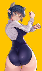 Rule 34 | 1girl, absurdres, annoyed, ass, blue dress, blue eyes, blue hair, clenched hands, dress, glasses, highres, huge ass, leotard, looking at viewer, looking back, lv1 maou to one room yuusha, nksk, pointy ears, shirt, short hair, solo, thighs, white shirt, yellow background, zenia (lv1 maou to one room yuusha)