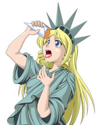 Rule 34 | artist request, blonde hair, blue eyes, food, food on face, ice cream, ice cream cone, open mouth, personification, statue of liberty, tagme, tongue
