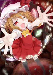 Rule 34 | 1girl, ;d, black thighhighs, blonde hair, blood, blush, bow, bowtie, flandre scarlet, happy, hat, highres, incoming hug, one eye closed, open mouth, outstretched arms, outstretched hand, rai (sakuranbo sugar), red eyes, side ponytail, smile, solo, thighhighs, touhou, wings, wink