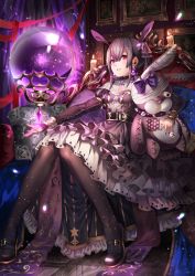 Rule 34 | 1girl, bad id, bad pixiv id, bandages, belt, black hair, bow, candle, capelet, choker, dress, earrings, hair ornament, high heels, jewelry, mary janes, orb, original, painting (object), pantyhose, pillow, purple dress, red eyes, ryota (ry o ta), shoes, short hair, solo, stitches, stuffed animal, stuffed rabbit, stuffed toy, twintails