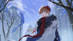 Rule 34 | 1boy, absurdres, akabane yu, bare tree, blue eyes, breath, building, coat, day, earrings, genshin impact, hair between eyes, highres, jewelry, male focus, mask, mask on head, orange hair, outdoors, parted lips, red mask, red scarf, scarf, single earring, snow, snowing, solo, sparkle, tartaglia (genshin impact), tree, white coat