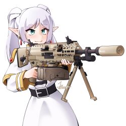 Rule 34 | 1girl, absurdres, aqua eyes, artist name, belt, bipod, black belt, brass catcher, capelet, closed mouth, commentary, dated, dress, earrings, elf, english commentary, finger on trigger, frieren, general-purpose machine gun, gold trim, gun, highres, holding, holding gun, holding weapon, jestami, jewelry, light blush, long hair, looking at viewer, machine gun, pointy ears, sig mg338, signature, simple background, smile, solo, sousou no frieren, suppressor, twintails, weapon, white background, white capelet, white dress