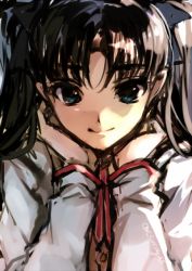 Rule 34 | 1girl, black hair, blue eyes, creayus, face in hands, fate/stay night, fate (series), long hair, portrait, smile, solo, tohsaka rin, twintails, two side up