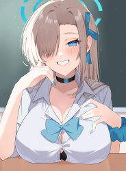 Rule 34 | 1girl, absurdres, asuna (blue archive), black bra, black choker, blue archive, blue bow, blue bowtie, blue eyes, blue nails, blue scrunchie, blush, bow, bowtie, bra, bra peek, breast rest, breasts, button gap, choker, cleavage, collared shirt, commentary, hair over one eye, hair ribbon, halo, hand on own chest, highres, large breasts, light brown hair, long hair, looking at viewer, ribbon, school uniform, scrunchie, shirt, smile, solo, teeth, underwear, upper body, ute (perouthi), white shirt, wrist scrunchie