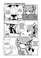 Rule 34 | 1boy, 1girl, :&lt;, ^^^, anger vein, bow, bronya zaychik, bronya zaychik (snowy sniper), buttons, cellphone, comic, commentary, couch, drill hair, emphasis lines, english commentary, english text, greyscale, hair between eyes, hair bow, head out of frame, head tilt, highres, holding, holding phone, honkai (series), honkai impact 3rd, jacket, kiana kaslana, kiana kaslana (herrscher of the void), long sleeves, looking at another, looking down, medium hair, military, military jacket, military uniform, monochrome, motion lines, open mouth, phone, shaded face, sheita, sidelocks, simple background, sitting, smartphone, speech bubble, sweatdrop, talking, triangle mouth, twin drills, twintails, uniform, upper body, v-shaped eyebrows, white background