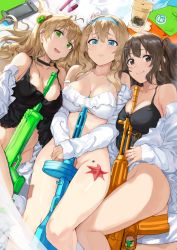 Rule 34 | 3girls, :d, ahoge, assault rifle, bare shoulders, between legs, bikini, blue eyes, blue hairband, blush, bottomless, bow, breasts, brown eyes, brown hair, bubble tea, bullpup, choker, cleavage, closed mouth, collarbone, commentary, covering crotch, covering privates, creator connection, daewoo k2, double bun, frilled bikini, frills, frown, girls&#039; frontline, green eyes, groin, gun, hair between eyes, hair bow, hair bun, hair ornament, hairband, hairclip, handheld game console, hews, highres, holding, holding gun, holding weapon, jacket, k2 (girls&#039; frontline), kel-tec rfb, long hair, long sleeves, looking at viewer, lying, medium breasts, multiple girls, off shoulder, official alternate costume, on back, open mouth, rfb (girls&#039; frontline), rifle, semi-automatic firearm, semi-automatic rifle, shiny skin, shirt, sidelocks, smile, snowflake hair ornament, starfish, submachine gun, suomi (girls&#039; frontline), suomi (midsummer pixie) (girls&#039; frontline), suomi kp/-31, swimsuit, tank top, thighs, water gun, weapon, white bikini, white shirt