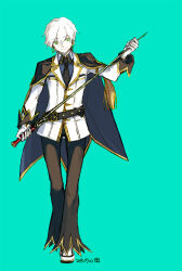 Rule 34 | 1boy, belt, black belt, black necktie, blazer, blue background, blue cape, blue shirt, brown cape, brown pants, cape, closed mouth, collared shirt, commentary request, dated, eyes visible through hair, full body, genetic (ragnarok online), gloves, green eyes, hair between eyes, holding, holding sword, holding weapon, jacket, kusabi (aighe), long bangs, looking to the side, male focus, necktie, official alternate costume, pants, ragnarok online, shirt, short hair, simple background, smile, solo, sword, tassel, two-sided cape, two-sided fabric, weapon, white gloves, white hair, white jacket