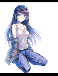 Rule 34 | 1girl, bare shoulders, blue eyes, blue hair, blush, breasts, cleavage, denim, haori io, highres, jacket, jeans, letterboxed, long hair, looking at viewer, matching hair/eyes, off shoulder, original, pants, simple background, sitting, solo, tank top, white background