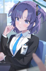 Rule 34 | 1girl, absurdres, alternate hair length, alternate hairstyle, black skirt, blue archive, blue necktie, blurry, blurry foreground, breasts, chair, collared shirt, halo, highres, id card, long sleeves, looking at viewer, mechanical halo, medium breasts, medium hair, momomoi momoi, necktie, open mouth, pleated skirt, pov, pov hands, purple eyes, purple hair, shirt, skirt, solo focus, two side up, upper body, white shirt, yuuka (blue archive)