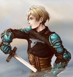 Rule 34 | 1boy, arm armor, armor, blonde hair, final fantasy, final fantasy tactics, head tilt, highres, holding, holding weapon, looking to the side, michelle kristolia, nose, pull out, ramza beoulve, short hair, shoulder armor, signature, simple background, solo, sword, upper body, weapon, yellow eyes