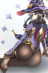 Rule 34 | 1girl, absurdres, artist request, ass, black hair, blush, cape, detached sleeves, earrings, elbow gloves, from behind, fur trim, genshin impact, gloves, green eyes, hair ornament, hair ribbon, hat, highres, huge ass, jewelry, leotard, long hair, looking at viewer, mona (genshin impact), pantyhose, ribbon, shiny clothes, sitting, solo, thighlet, twintails, very long hair, yokozuwari