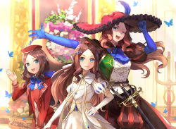 Rule 34 | 3girls, blue eyes, bow, breasts, brown hair, bug, butterfly, dress, fate/grand order, fate (series), flower, forehead, gloves, hair bow, hair ornament, hat, hat feather, hat ornament, hsin, insect, leonardo da vinci (fate), leonardo da vinci (fate/grand order), leonardo da vinci (festival outfit) (fate), leonardo da vinci (fgo fes. 2019) (fate), leonardo da vinci (rider) (fate), leonardo da vinci (rider) (third ascension) (fate), long hair, looking at viewer, multiple girls, multiple persona, official alternate costume, open mouth, parted bangs, ponytail, puff and slash sleeves, puffy short sleeves, puffy sleeves, rapier, ribbon, short hair, short sleeves, skirt, small breasts, smile, sword, weapon