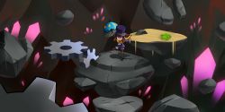 Rule 34 | a hat in time, blue eyes, boots, boulder, brown hair, cape, crystal, falling, floating, floating object, floating rock, floating rocks, gears, hat, hat kid, highres, jenna brown, official art, ponytail, rock, sand, top hat, umbrella