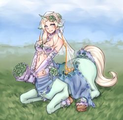 Rule 34 | 1girl, animal ears, ankle cuffs, bare shoulders, blonde hair, bouquet, breasts, bridal veil, centaur, cleavage, dress, field, flower, hair flower, hair ornament, hooves, horse ears, large breasts, lingerie, low twintails, monorus, monster girl, monster girl encyclopedia, revealing clothes, sitting, solo, tail, taur, twintails, underwear, unicorn, unicorn (monster girl encyclopedia), unicorn girl, v arms, veil, wedding dress