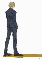 Rule 34 | 1boy, blonde hair, cigarette, formal, from behind, hands in pockets, male focus, one piece, sanji (one piece), shadow, smoking, solo, standing, suit, ufkqz, white background