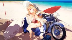 Rule 34 | 1girl, azur lane, backless swimsuit, beach, beach umbrella, breasts, chinese commentary, cleavage, closed umbrella, frilled swimsuit, frills, full body, hat, highleg, highleg swimsuit, highres, innertube, large breasts, long hair, looking at viewer, motor vehicle, motorcycle, multiple straps, official alternate costume, one-piece swimsuit, orange hair, outdoors, peugeot, pink eyes, pink one-piece swimsuit, richelieu (azur lane), richelieu (fleuron of the waves) (azur lane), sakura sora, sand, see-through, see-through sleeves, side-tie swimsuit, smile, solo, sun hat, surfboard, swim ring, swimsuit, thigh strap, umbrella, water, white footwear, white hat, white innertube, white sleeves