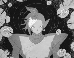 1boy bad_id bad_tumblr_id dragon_ball dragon_ball_super earrings expressionless flower greyscale jewelry kai0shin lily_pad long_sleeves looking_at_viewer mohawk monochrome pointy_ears potara_earrings shirt short_hair solo water water_lily_flower zamasu