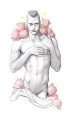 Rule 34 | 1boy, abs, black hair, covering chest, covering privates, cropped legs, diamond wa kudakenai, fabulous, floral background, groin, jojo no kimyou na bouken, lips, looking at viewer, male focus, mohawk, navel, nijimura okuyasu, nude, partially colored, pectorals, pompadour, pubic stubble, smile, solo, sparkle, stomach, toned, toned male, ulrik