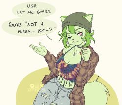 Rule 34 | 1girl, animal ears, artist name, ashleyloob, beanie, breasts, cat ears, choker, creatures (company), denim, drugs, ear piercing, english text, furry, furry female, game freak, green hair, hat, highres, instagram logo, jeans, jewelry, joint (drug), large breasts, marijuana, meme, necklace, nintendo, one eye closed, pants, patreon logo, personification, piercing, pokemon, smoking, solo, speech bubble, sprigatito, sprigatito the weedcat (meme), tail, tank top, tie-dye, torn clothes, torn pants, twitter logo, watermark, white background