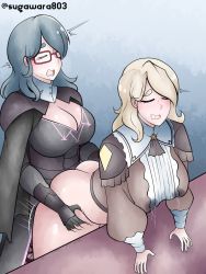 Rule 34 | 2girls, all fours, ass, blonde hair, blue hair, breasts, byleth (female) (fire emblem), byleth (fire emblem), closed eyes, clothed sex, dark blue hair, fire emblem, fire emblem: three houses, fire emblem warriors, fire emblem warriors: three hopes, futa with female, futanari, glasses, grabbing, grabbing from behind, highres, huge breasts, lactation, lactation through clothes, long hair, mercedes von martritz, multiple girls, nintendo, open clothes, open mouth, sex, sex from behind, smile, sugawara, table, thick thighs, thighs