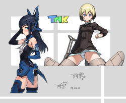 2girls alice_gear_aegis ass black_hair blonde_hair blue_eyes blush breasts elbow_gloves erica_hartmann gloves jacket koashi_mutsumi leotard long_hair looking_at_viewer multicolored_hair multiple_girls panties short_hair small_breasts smile strike_witches striker_unit takada_kazuhiro two-tone_hair underwear white_panties world_witches_series