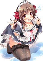 Rule 34 | 1girl, black socks, blush, bow, breasts, brown eyes, brown hair, cleavage, clothes lift, clothes pull, collarbone, covered erect nipples, covered navel, dress, dress lift, embarrassed, full body, hair bow, hair ribbon, kneehighs, kneeling, long hair, looking at viewer, maid, maid headdress, medium breasts, open mouth, original, pan (mimi), panties, pantyhose, pantyhose pull, pink panties, red ribbon, ribbon, shiny clothes, side-tie panties, simple background, socks, solo, tears, underwear, wet, wet clothes, white background