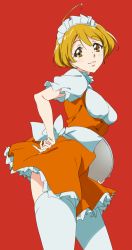 Rule 34 | 10s, 1girl, ahoge, blonde hair, breasts, dress, frills, hand on own hip, hugtto! precure, kagayaki homare, looking at viewer, maid headdress, medium breasts, orange dress, precure, puffy short sleeves, puffy sleeves, red background, sash, short hair, short sleeves, smile, solo, thighhighs, thighs, tray, umanosuke, underbust, waitress, white thighhighs, yellow eyes