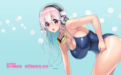 Rule 34 | 1girl, aqua hair, bent over, blue one-piece swimsuit, blush, breasts, competition swimsuit, hanging breasts, headphones, highres, large breasts, leaning forward, long hair, looking at viewer, multicolored hair, nitroplus, official art, official wallpaper, one-piece swimsuit, open mouth, pink eyes, pink hair, solo, super sonico, swimsuit, tsuji santa, two-tone hair, virtual youtuber, wallpaper