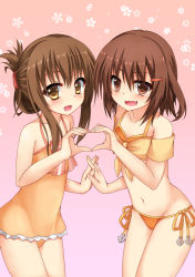 Rule 34 | 10s, 2girls, bikini, brown eyes, brown hair, fang, folded ponytail, gradient background, heart, heart hands, heart hands duo, ikazuchi (kancolle), inazuma (kancolle), kantai collection, long hair, lowell (ouranoss2kanata), multiple girls, one-piece swimsuit, short hair, swimsuit
