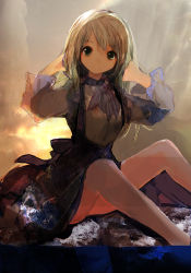 Rule 34 | 1girl, 86thunder, absurdres, bare legs, blonde hair, bow, bowtie, ascot, dress, green eyes, hand in own hair, hands in hair, highres, long hair, looking at viewer, original, puffy sleeves, rock, short hair, sitting, smile, solo