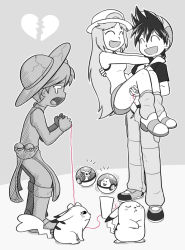 Rule 34 | 0 0, 1boy, 2girls, :d, baseball cap, boots, broken heart, carrying, cheating (relationship), closed eyes, clothed sex, couple, creatures (company), ditto, dress, espeon, full body, game freak, gen 1 pokemon, gen 2 pokemon, green (pokemon), grey background, happy, happy sex, hat, heart, heart tail, hetero, long hair, miniskirt, monochrome, motion lines, multiple girls, netorare, nintendo, no panties, open mouth, pants, petrification, pikachu, poke ball, pokemon, pokemon (creature), pokemon adventures, princess carry, red (pokemon), red string of fate, rejection, sex, shirt, short hair, side slit, simple background, sketch, skirt, sleeveless, sleeveless shirt, smile, spot color, standing, string, string of fate, tail, tearing up, uncensored, vaginal, very long hair, yellow (pokemon)