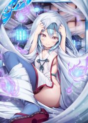 Rule 34 | 1girl, akkijin, blue hair, blue ribbon, breasts, brown eyes, card (medium), curtains, hair ribbon, hitodama, indoors, japanese clothes, lamp, looking at viewer, official art, ribbon, sandals, shinkai no valkyrie, sitting, small breasts, smile, soles, solo, thighhighs, wrapped