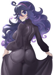 Rule 34 | 1girl, @ @, absurdres, alternate breast size, ass, blush, breasts, clothes lift, creatures (company), dress, dress lift, game freak, hex maniac (pokemon), highres, jisongogo, large breasts, lifting own clothes, long hair, looking at viewer, looking back, medium breasts, messy hair, nintendo, open mouth, pokemon, pokemon xy, purple dress, purple eyes, purple hair, simple background, smile, solo, standing, taut clothes, taut dress, thick eyebrows, very long hair, wavy hair, wavy mouth, white background, wide hips