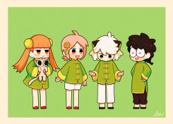Rule 34 | 2boys, 2girls, a&#039;gen (the legend of luoxiaohei), animal, animal ears, black footwear, black hair, black pants, blunt bangs, blush, bun cover, cat, cat ears, child, chinese clothes, green background, green shirt, hair ornament, highres, holding, holding animal, holding cat, huangshou (the legend of luoxiaohei), long sleeves, luo xiaobai, luo xiaohei, luo xiaohei (human), luo xiaohei zhanji, mabi184, multiple boys, multiple girls, open mouth, orange eyes, orange hair, pants, pink eyes, pink hair, red footwear, shanxin (the legend of luoxiaohei), shirt, short ponytail, smile, twintails, white hair, white pants