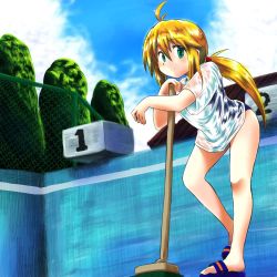 Rule 34 | 1girl, ahoge, blonde hair, cleaning brush, cloud, day, empty pool, eyebrows, full body, green eyes, koshirae tsurugi (m.m), leaning forward, legs, long hair, m.m, one-piece swimsuit, original, outdoors, ponytail, pool, sandals, school swimsuit, see-through, shirt, sky, smile, solo, standing, swimsuit, swimsuit under clothes, t-shirt, tree, wet, wet clothes, wet shirt