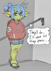 Rule 34 | ^^^, anklet, bandaid, black nails, blue hair, blush, ear piercing, earrings, english text, fang, female goblin, flip-flops, gigawix, goblin, hands in pockets, highres, hood, hoodie, jewelry, multiple earrings, nail polish, original, piercing, pointy ears, railing, red eyes, red hoodie, sandals, short hair, shorts, shortstack, simple background, stairs, star (symbol), sweat, thick eyebrows, thought bubble, two side up