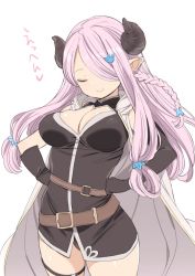 Rule 34 | 1girl, asymmetrical gloves, belt, black gloves, braid, breasts, cleavage cutout, clothing cutout, commentary request, draph, elbow gloves, closed eyes, gloves, granblue fantasy, hair ornament, hair over one eye, hairclip, hands on own hips, highres, horns, light purple hair, long hair, low-tied long hair, mismatched gloves, narmaya (granblue fantasy), nora higuma, pointy ears, simple background, single braid, single elbow glove, sleeveless, smile, solo, thigh strap, uneven gloves, white background