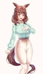 Rule 34 | 1girl, animal ears, arm at side, belt, breasts, brown hair, capri pants, collared shirt, curvy, ear ornament, feet out of frame, green shirt, hand on own chest, highres, horse ears, horse girl, horse tail, jewelry, large breasts, light hello (umamusume), long hair, long sleeves, looking at viewer, necklace, pants, pink eyes, semino hazuki, shirt, shirt tucked in, simple background, smile, swept bangs, tail, umamusume, wavy hair, white pants