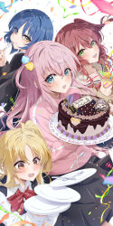Rule 34 | 4girls, absurdres, ahoge, birthday cake, black cardigan, black skirt, black sweater vest, blonde hair, blue eyes, blue hair, blush, bocchi the rock!, bow, bowtie, brown sailor collar, brown shirt, cake, cardigan, collared shirt, commentary, confetti, cube hair ornament, floating, floating object, food, fork, gotoh hitori, green eyes, hair between eyes, hair intakes, hair ornament, happy birthday, highres, holding, holding plate, ijichi nijika, jacket, kita ikuyo, long hair, long sleeves, looking at object, looking at viewer, looking back, multiple girls, one side up, open mouth, parted bangs, pink hair, pink jacket, plate, pleated skirt, polka dot bowtie, red bow, red bowtie, red eyes, red hair, sailor collar, school uniform, shirt, shuka high school uniform, simple background, skirt, smile, sweater vest, teeth, track jacket, upper body, upper teeth only, white background, white shirt, yamada ryo, yellow eyes, yoru0409