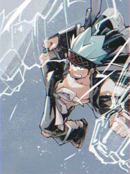 Rule 34 | 1boy, blue hair, gauntlets, grey background, grin, hairband, headband, highres, incoming attack, light particles, looking at viewer, male focus, open clothes, open shirt, pants, shaman king, short hair, smile, spiked hair, takeuchi (a3), topless male, usui horokeu, vest