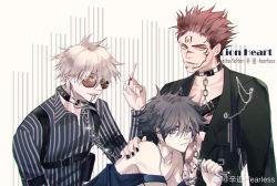 Rule 34 | 3boys, bare shoulders, black hair, black nails, blue eyes, chain, chain leash, chest harness, cigarette, closed mouth, collar, commentary request, earrings, english text, facial tattoo, fushiguro megumi, gojou satoru, green eyes, hair between eyes, hand on another&#039;s shoulder, harness, highres, holding, holding cigarette, ikag, jacket, jewelry, jujutsu kaisen, leash, long sleeves, looking at viewer, male focus, mouth hold, multiple boys, nail polish, necklace, no shirt, off shoulder, pink hair, red eyes, ring, ryoumen sukuna (jujutsu kaisen), shirt, short hair, smile, striped clothes, striped shirt, sunglasses, tattoo, weapon, white hair, yaoi