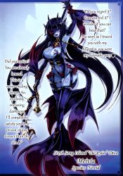 Rule 34 | 1girl, blue hair, blue skin, blush, breast tattoo, breasts, chain, cleavage, cleavage cutout, clothing cutout, colored skin, corset, curvy, facial tattoo, fins, garter belt, garter straps, heart, heart tattoo, heterochromia, highres, horns, jewelry, kenkou cross, large breasts, lingerie, meivia, monster girl, monster girl encyclopedia, monster girl encyclopedia world guide side iii: court alf-divas of the city of water, necklace, nereid (monster girl encyclopedia), official art, open mouth, pantyhose, pole, pole dancing, polearm, red eyes, revealing clothes, smile, spear, stripper, stripper pole, tail, tattoo, text focus, thighhighs, tongue, tongue out, translated, underwear, weapon, wide hips, yellow eyes