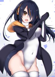 Rule 34 | 10s, 1girl, bad id, bad pixiv id, black hair, brown eyes, covered navel, cowboy shot, emperor penguin (kemono friends), hair over one eye, headphones, highres, jacket, kemono friends, leotard, long hair, looking at viewer, open clothes, open jacket, solo, standing, thighhighs, tohochang, white leotard, white thighhighs