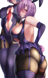 Rule 34 | 1girl, absurdres, animal ears, ass, bare shoulders, blush, breasts, center opening, cleavage, elbow gloves, fate/grand order, fate (series), garter straps, gloves, hair over one eye, highleg, highleg leotard, highres, large breasts, leotard, light purple hair, looking at viewer, looking back, mash kyrielight, multiple views, open mouth, pantyhose, purple eyes, purple leotard, rabbit ears, rabbit tail, short hair, simple background, tail, thighs, tiri man, white background